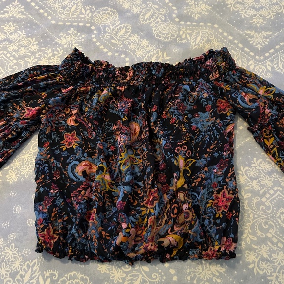 Free People Blue Bell Sleeve Off-the-Shoulder Blouse Size S Boho ~ Festival! - Picture 2 of 4